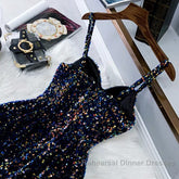 Glitter Navy Blue Sequin Short Semi Formal Prom Dress